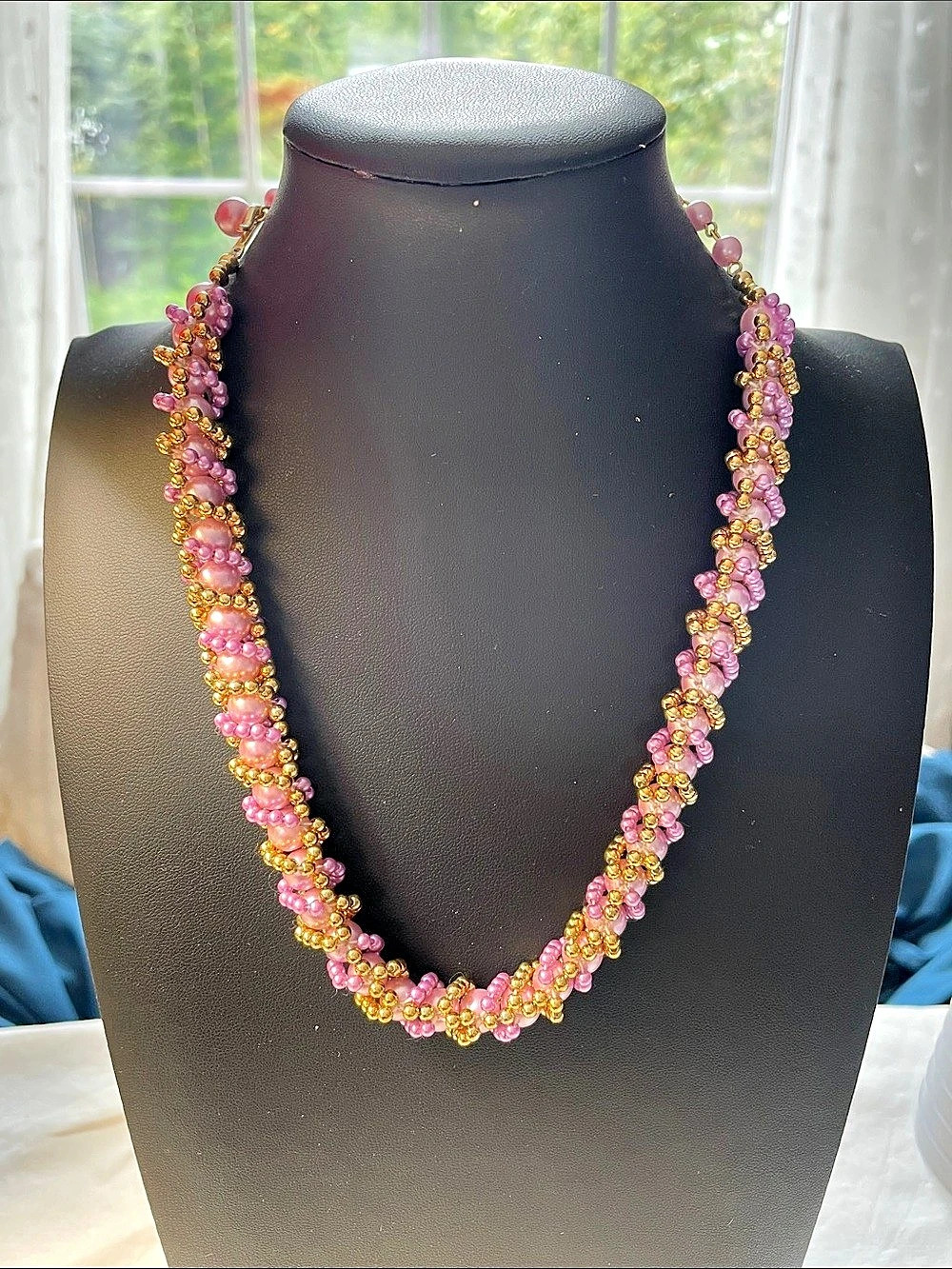 Japan Aranoff Beaded Pearl Necklace in Purple & Gold 9” Drop Vintage Like New